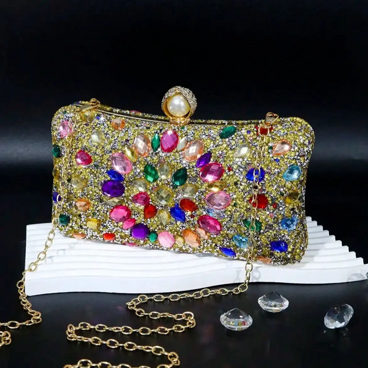 Golden Metal Pearl Rhinestones Glitter Evening Bags Small Lady Prom Dinner Night Gift Girlfriend Purse Acrylic Diamonds E 251023