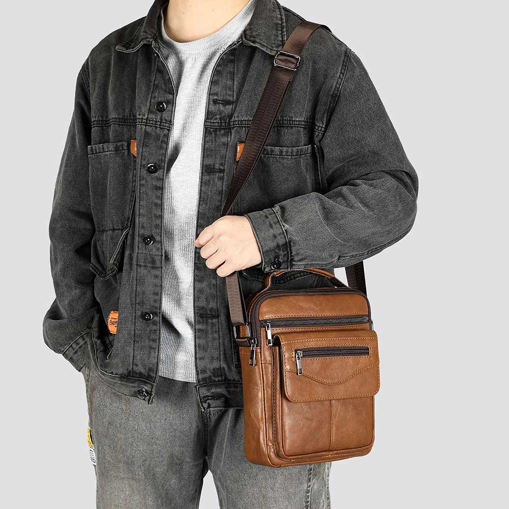 WAL M Leather Crossbody Messenger Bags 97inch Tablet Bag Top Handle Handbag Purse Men Genuine Leather Shoder Bag Y251011