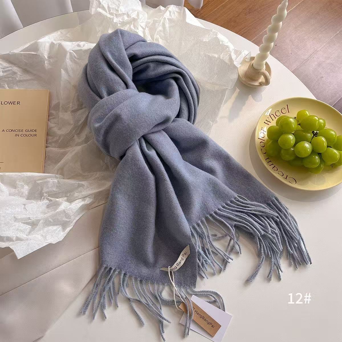 T2203 Solid Color Tassel Cashmere Scarf, Autumn/Winter Thickened New Fashionable and Versatile Couple Blue Warm Neck Warmer