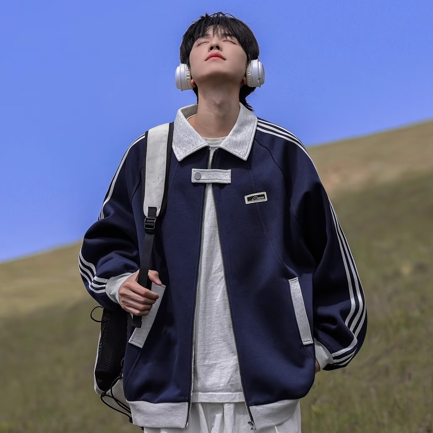 Three Stripes Color Block Turn-down Collar Sweatshirt Men's 2025 Spring Autumn New American Style Designer Coat Trendy Loose Casual Jacket