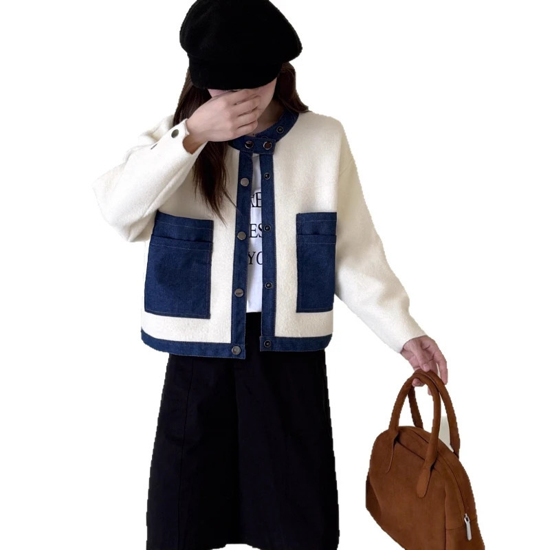 Women Cardigan Sweaters Coats Denim Splice Jackets Round Neck Jumpers Y2k Streetwear Elegant Knit Open Stith Autumn Winter 251029