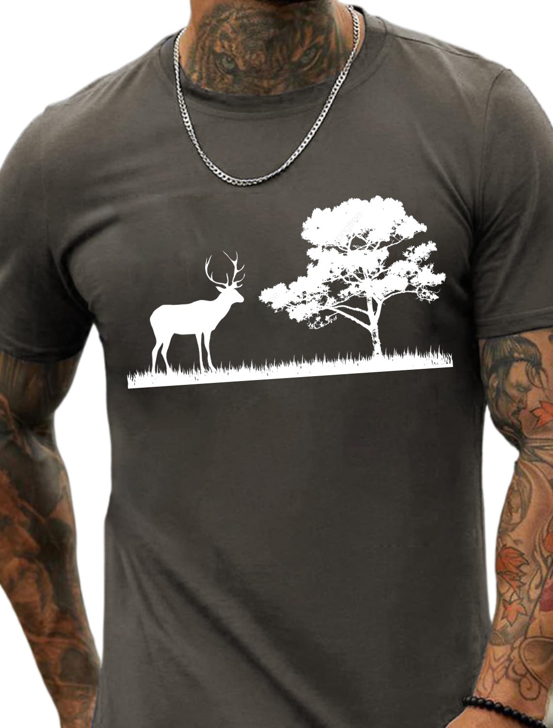 European and American Oversized Forest and Deer Print Men's Cotton Summer T-Shirt - TT7190