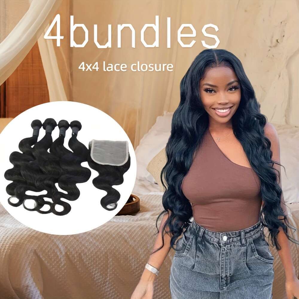 Body 4 Bundles With 4X4 Lace Clouse Hair Women, 1 Set Of Natural Black Big Wave Virgin Human Easy To Wear Women Daily Styling, Christmas Hairstyles,