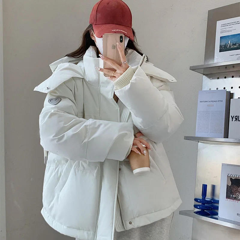 Korean Heart Shaped Short Down Cotton Jacket Women Harajuku Winter Couple Bread Style Outerwear Casual Thick Warm Hooded Parkas 251030