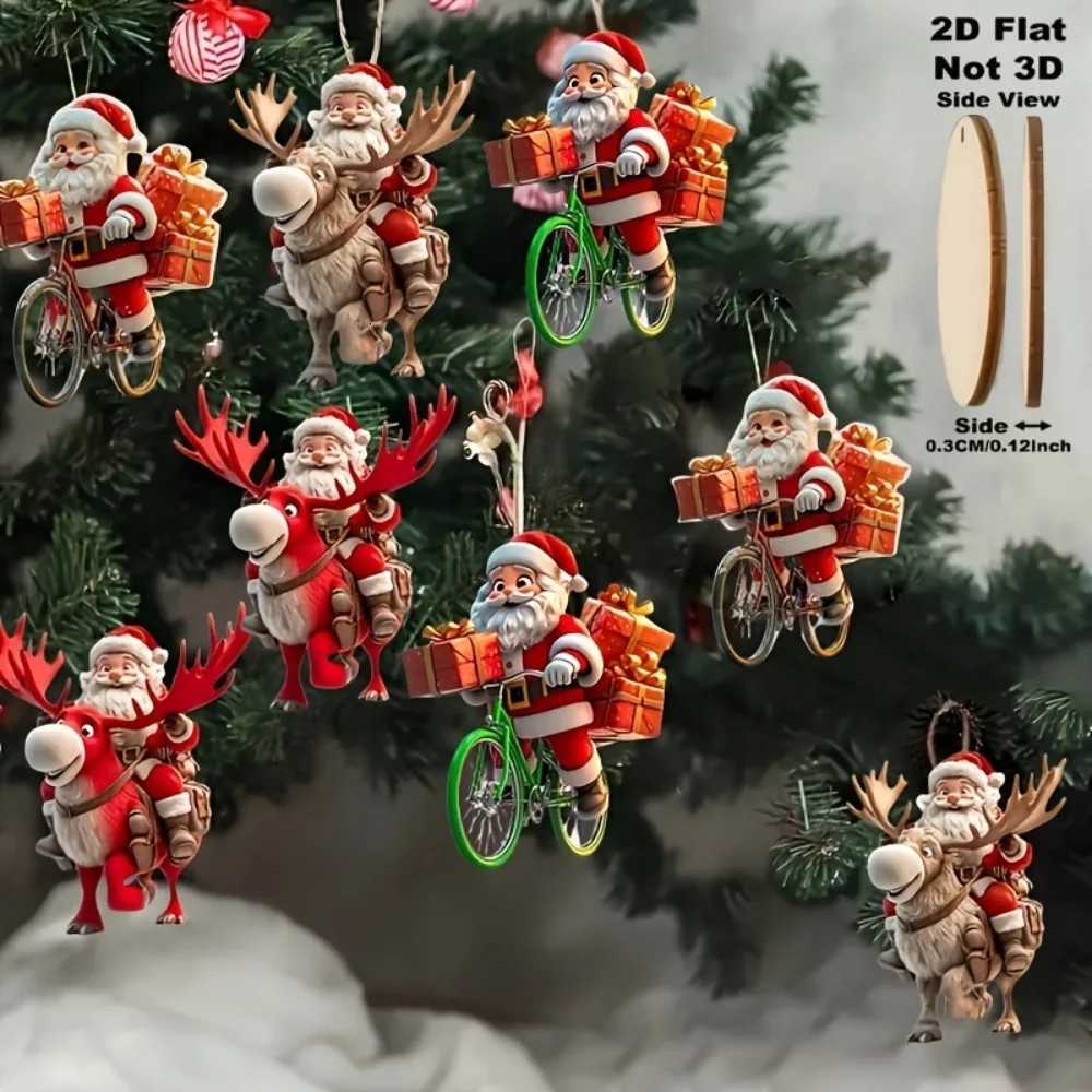 81624PCS Christmas Wooden Bicycle Santa Claus 2D Flat Pendant Xmas Tree Decoration Holiday Gift Christmas Ornaments Home Decor C251030