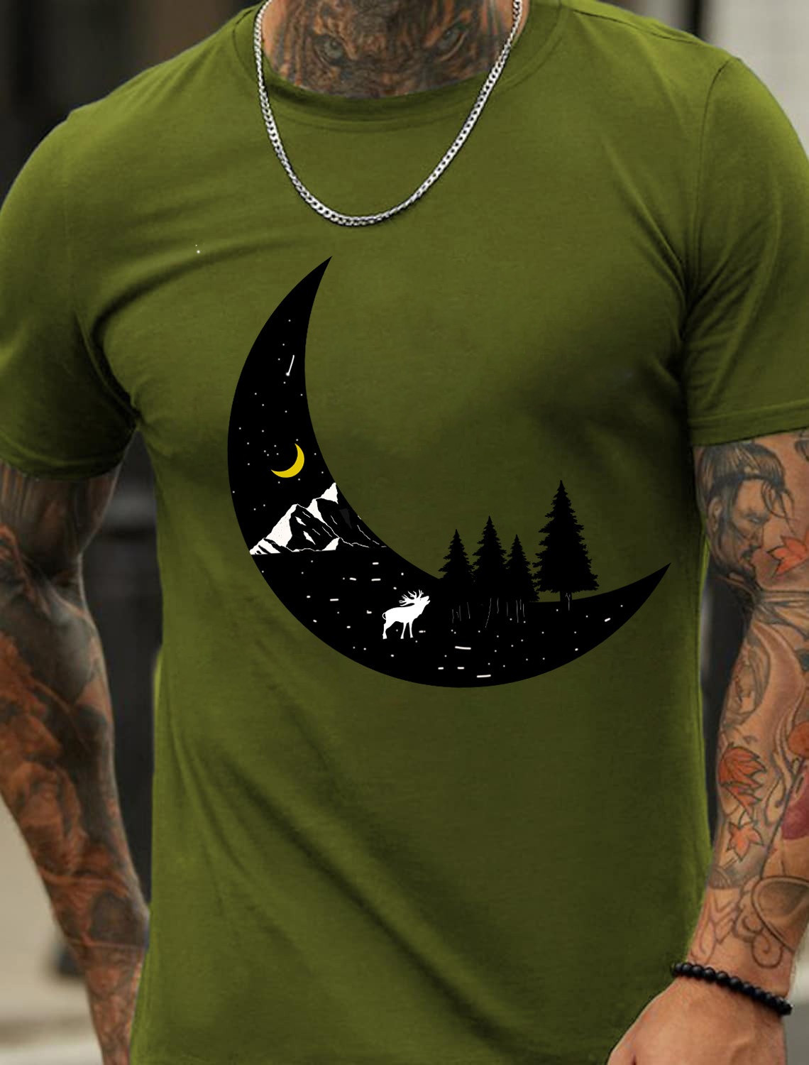 Europe & America Oversized Black Moon Print Men's Cotton Summer T-Shirt - TT7076