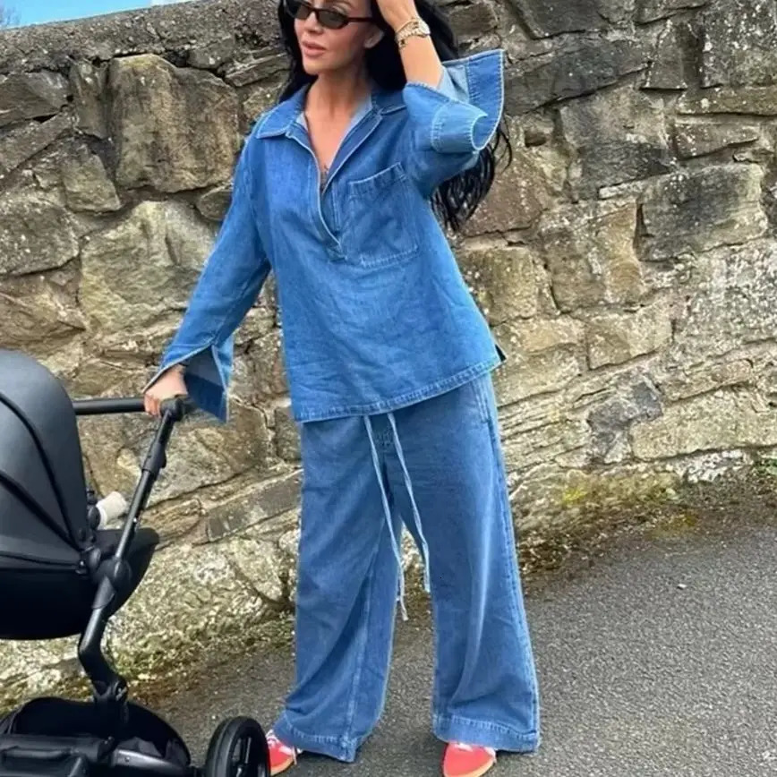 KONDALA Fall Winter Casual Denim Women Suits Fashion Vintage Turndown Collar Pocket Shirts Chic Drawstring Wide Leg Pants 251028