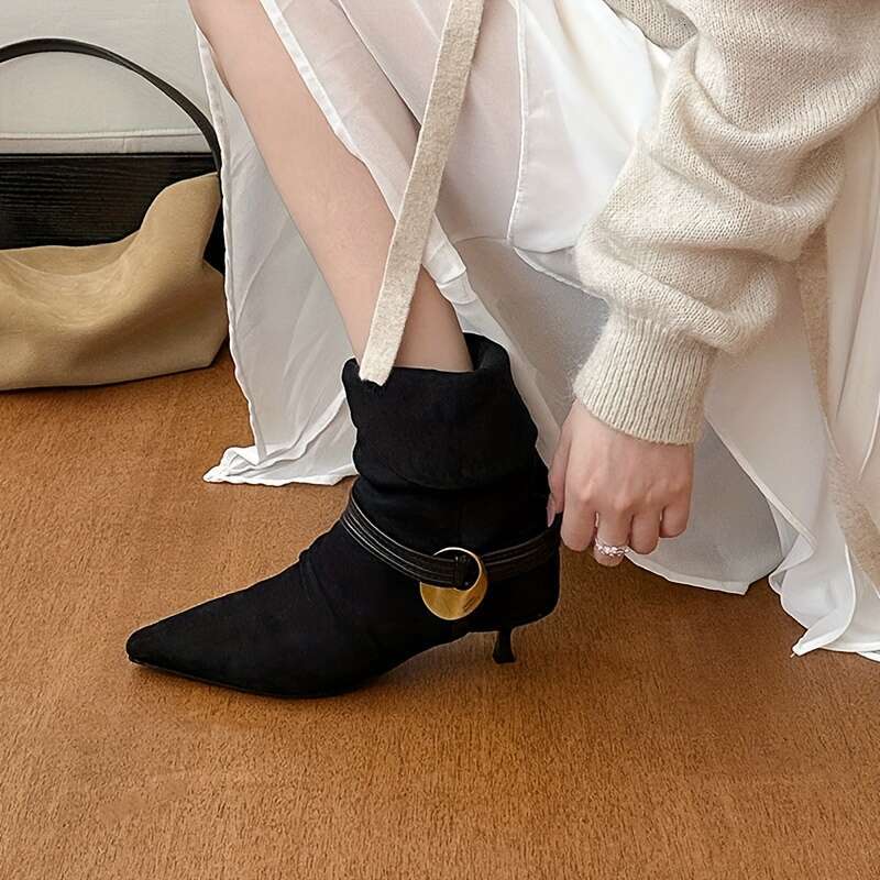 Women's Pointed Toe Wrinkle-Knee High-Heel With 5Cm Height Mid-Calf PU Cover-Like Texture, Buckle Strap Golden-Tone Hardware, All-Season Round-To