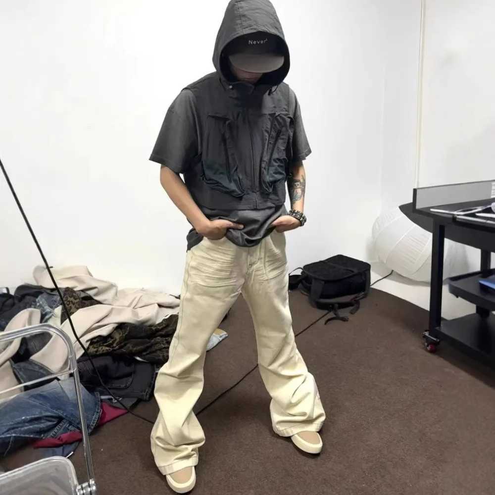 High Street Ro Style Dark Denim Pants Mens High Elasticity Floor Mopping Beige Brushed Horn Jeans Slim and Wide Leg Pants J251030