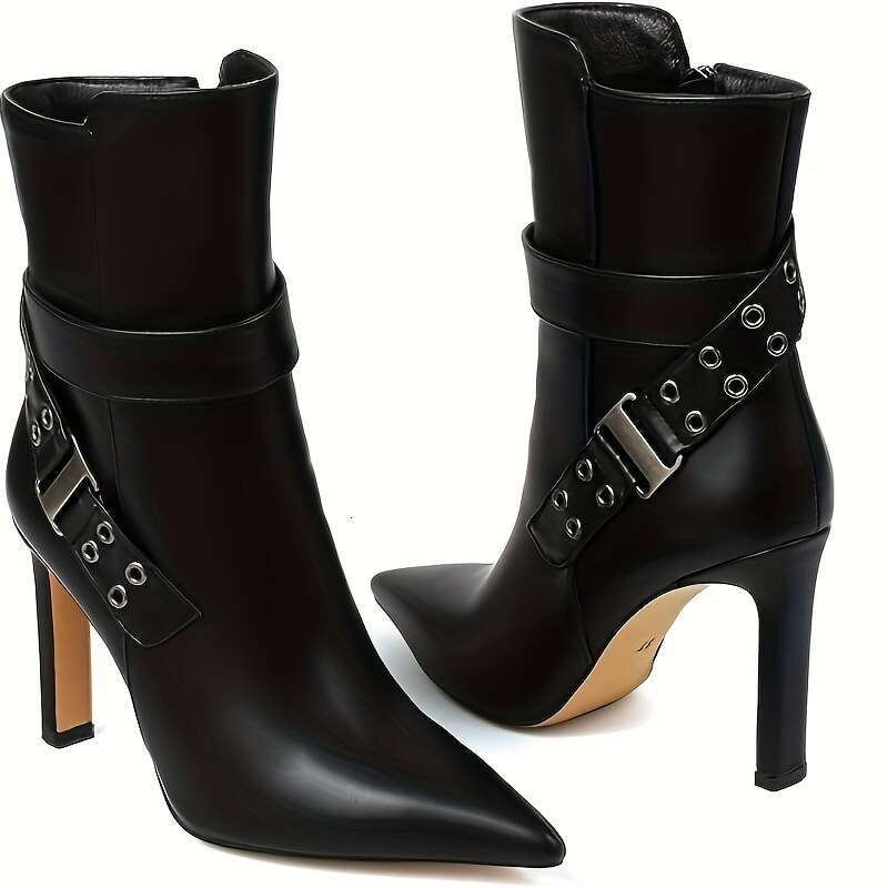 Ankle Boots For Women Pointed Toe High Heel Block Mid Calf Side Zipper Short Booties With Buckle Strap