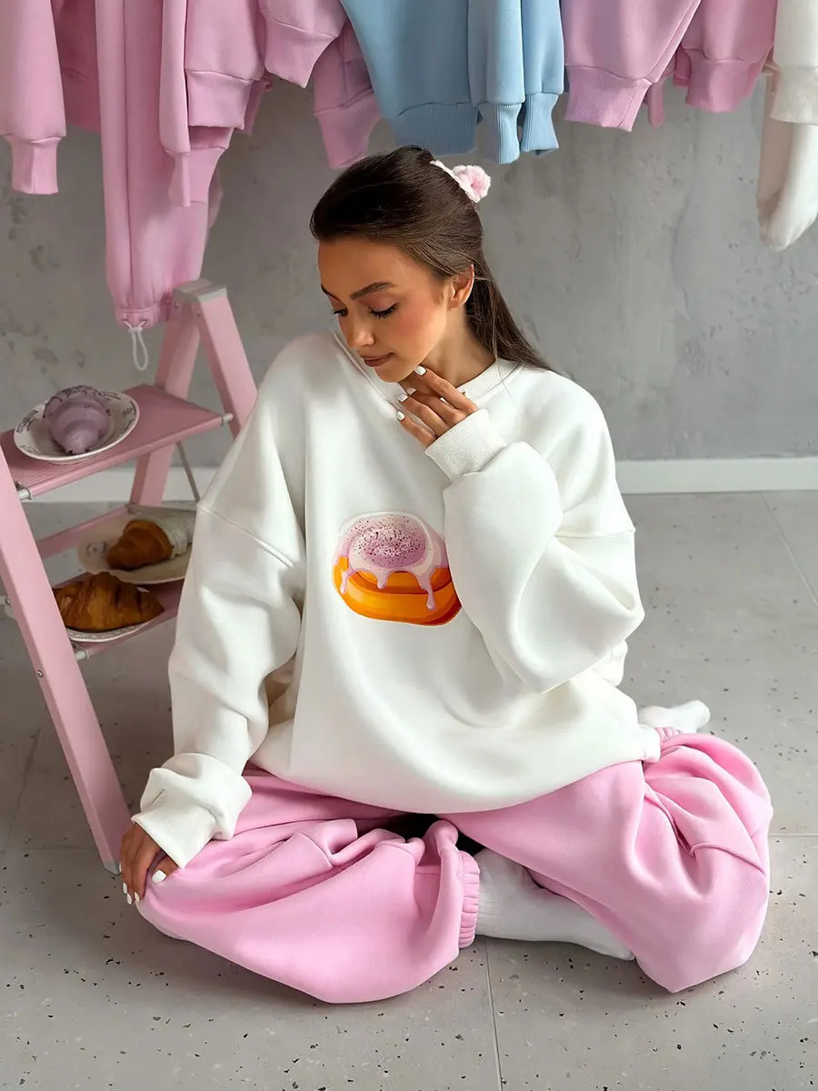 Sumuyoo Cake Printed Pullover Womens Autumn Winter Plush Loose Slimming Long Sleeves Sweatshirts Oneck Pullover Hoodie 251030