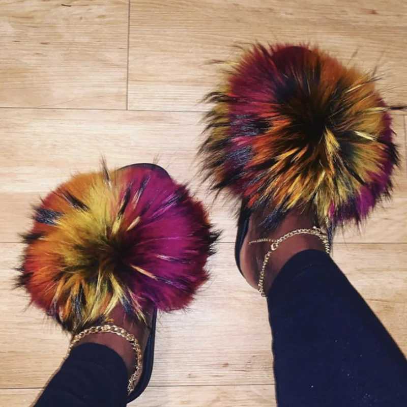 Fluffy Furry Fur Slippers Real Fox Fur Slides For Women Summer PVC Sole Flip Flops Sandals Women Open Toe Shoes Slippers H251030