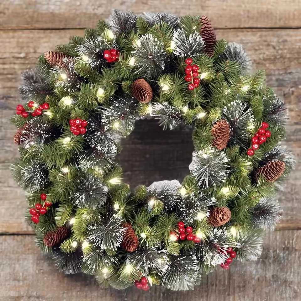 2060cm LED Christmas Pinecone Wreath with Red Berries Artificial Xmas Wreath New Year Party DIY Decoration Add Christmas Vibe C251030