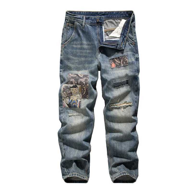 Spring and summer trendy loose straight tube retro jeans for men with ripped holes patch splicing and patchwork denim pants J251030