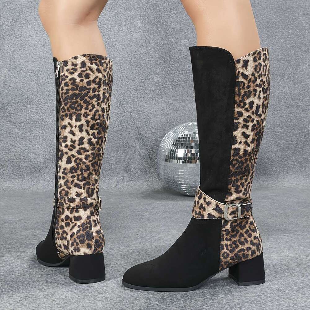 Women's Chunky Mid-Heel Leopard Print Patchwork Knight - Pointed Toe Winter Zipper Boots With TPU Sole, Black Tan Fabric Upper For Casual & Forma