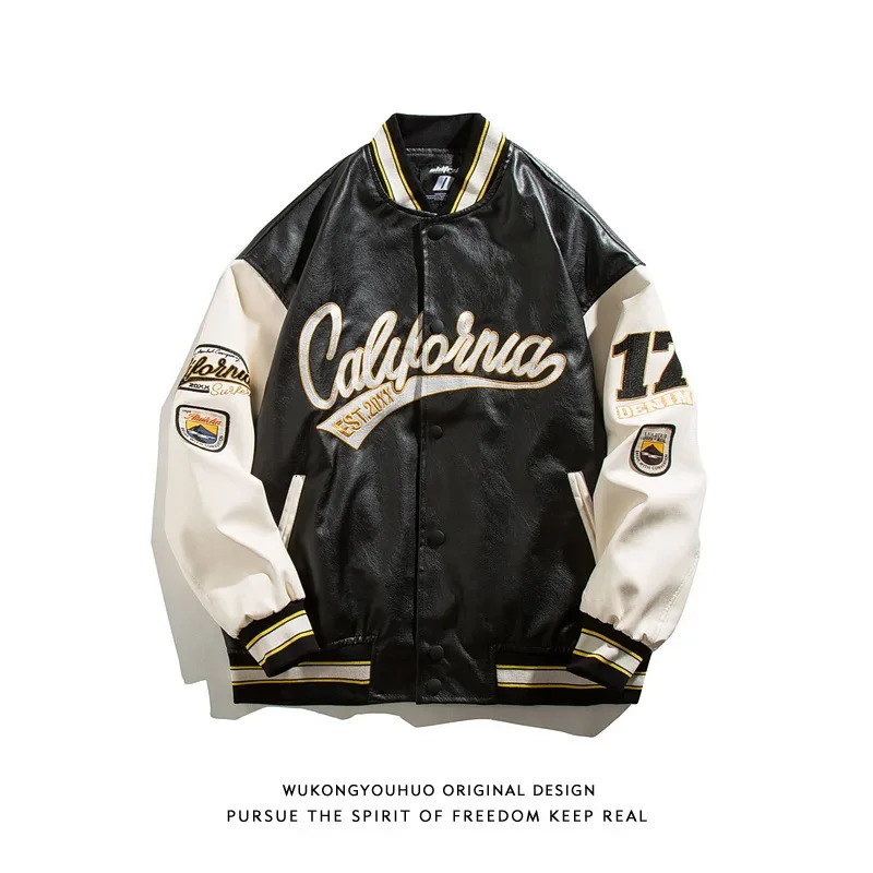 Trendy Mens PU Leather Baseball Jacket Spring Autumn Loose Couple Pilot Coat Embroidered Outerwear Casual 251028