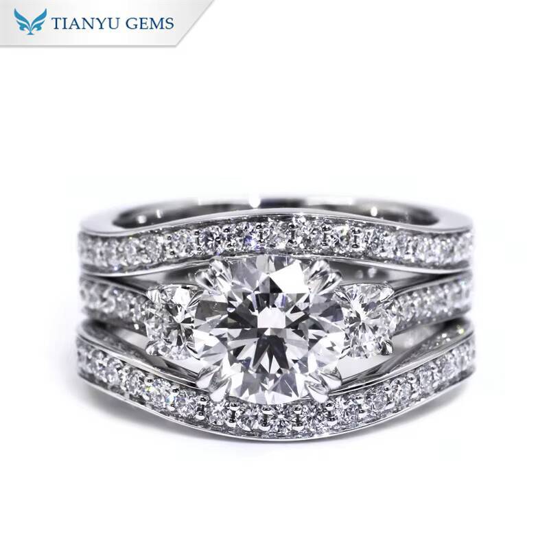 Tianyu Customized Solid Gold 10K 14K 18K Silver 925 Engagement Ring Set 8MM Moissanite Three Rings Bezel Setting Wedding Band