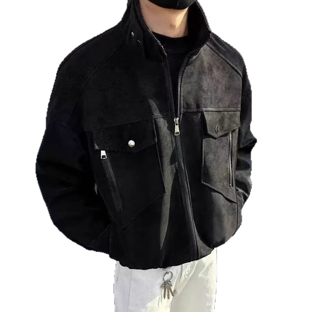 Pishi Designer Jacket American Style PU Leather Jacket For Men Trendy Brand Stand Collar Jacket Loose Fit Zipper Coat For Autumn High-end Feel Top