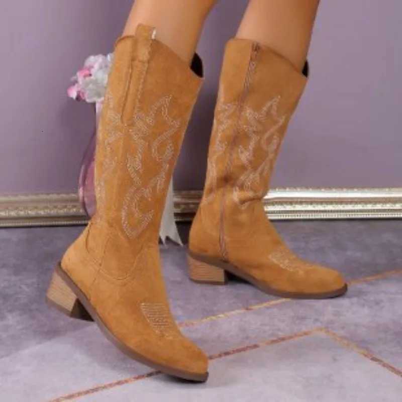 Embroidered Western Cowboy Boots for Women Autumn Pointed Toe Thick Heel High Knee Boots Woman Loose PU Leather Long Botas Mujer Z251029