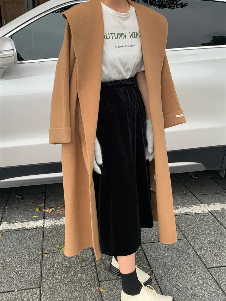 Black DoubleSided Woolen Coat Elegant Long Belt Slim Jacket Winter High Quality Large Collar Loose Wool Coats Women 251029