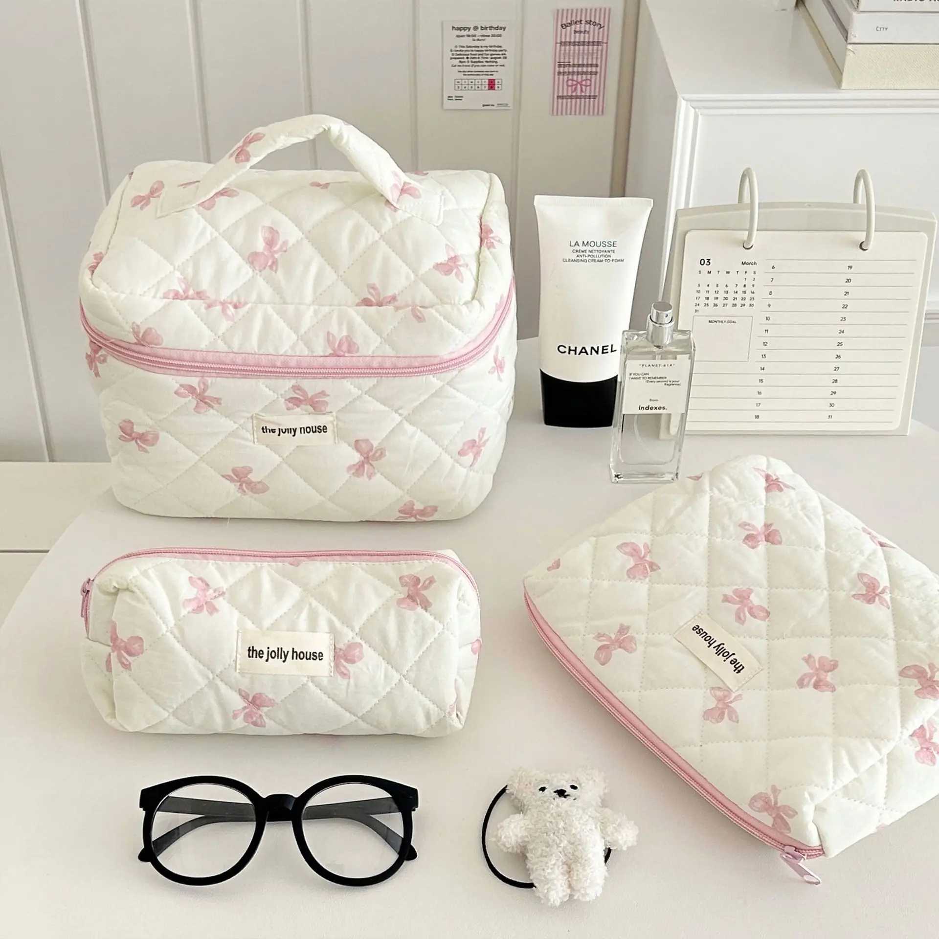 Korea Bow Print Women Makeup Bag Large Capacity Portable Cosmetic Case For Travel Toiletries Cosmetics Storage Bag J251115