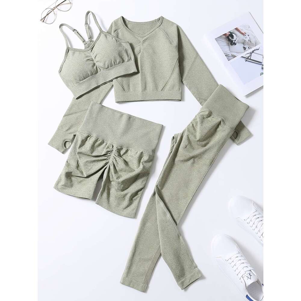 Smiling Face Style Workout Outfits for Women 4pcs Ribbed Seamless Crop Tank High Waist Yoga Leggings Sets