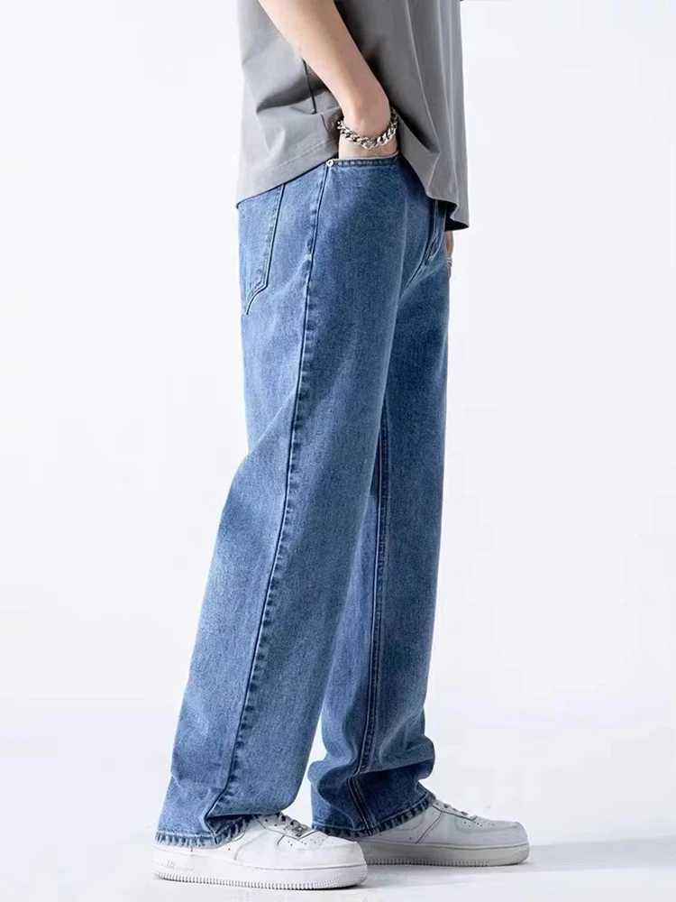 Mens Straight Jeans Korean Fashion Elastic Banded Wide Leg Blue Denim Pants Casual Baggy Jeans Trousers J251030