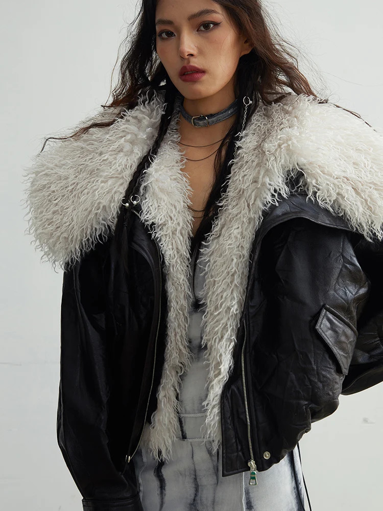 EAM Black Big Size PU Leather Jacket Removable Fur Collar Long Sleeve Women Coat Fashion Spring Autumn 2025 1DH2121 251029