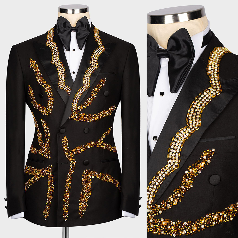 Luxury Men's Suit Crystal 2 Pieces Set Jacket Tailor-Made Groom Peaked Lapel Rhinestone Beaded Blazer Double Breasted Customized Coat Pants Plus 