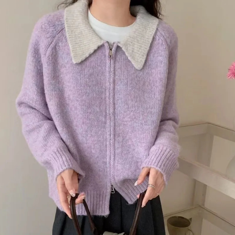 Women Clothes Autumn Winter Fashion Korean Simplicity Zipper Color Blocking Knitting Polo Collar Female Appear Thin Sweater Coat 251029