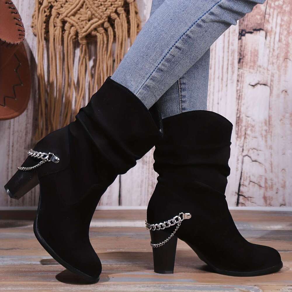 Women's Block Short Boots, Chain Decor Slouch Slip On Booties, Fashion Suedette High Heeled Booties