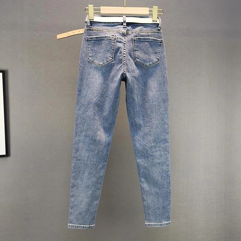 Womens Rhinestone Skinny Jeans High Waist 9 Points Pants Denim Overalls Elastic Heavy Industry Spring Autumn 251029