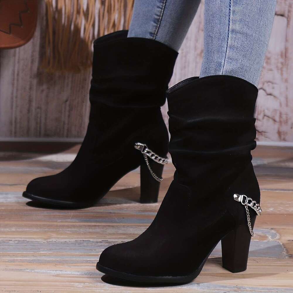 Women's Block Short Boots, Chain Decor Slouch Slip On Booties, Fashion Suedette High Heeled Booties