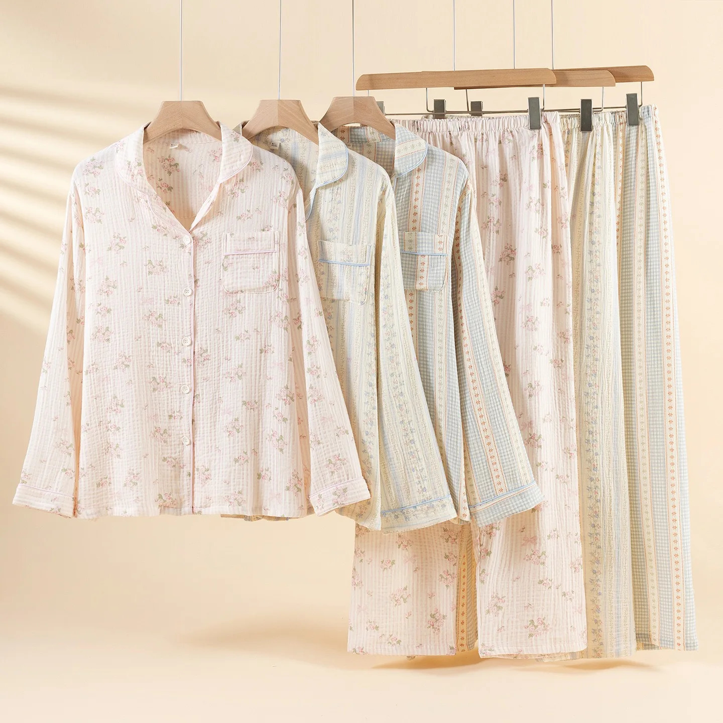 2025 pajamas For women 100 Cotton Womens Pajama long sleeves long pants 2 Piece Set Lady pajamas cute print sleepwear 251029