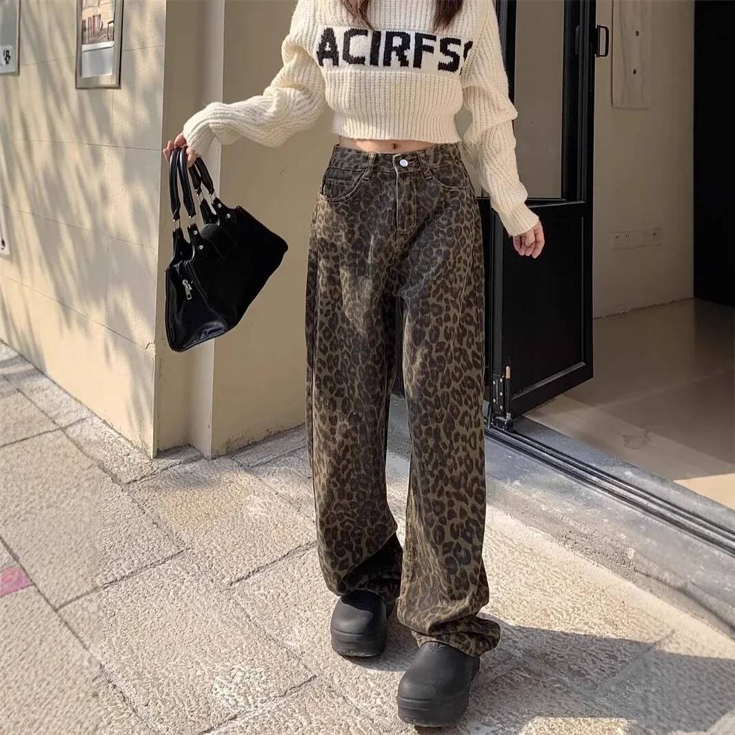 winter jacket women Retro Leopard Print High Waist Wide Leg Jeans Women's Spring Autumn New Loose Extended Straight Floor-Length Trendy Pants