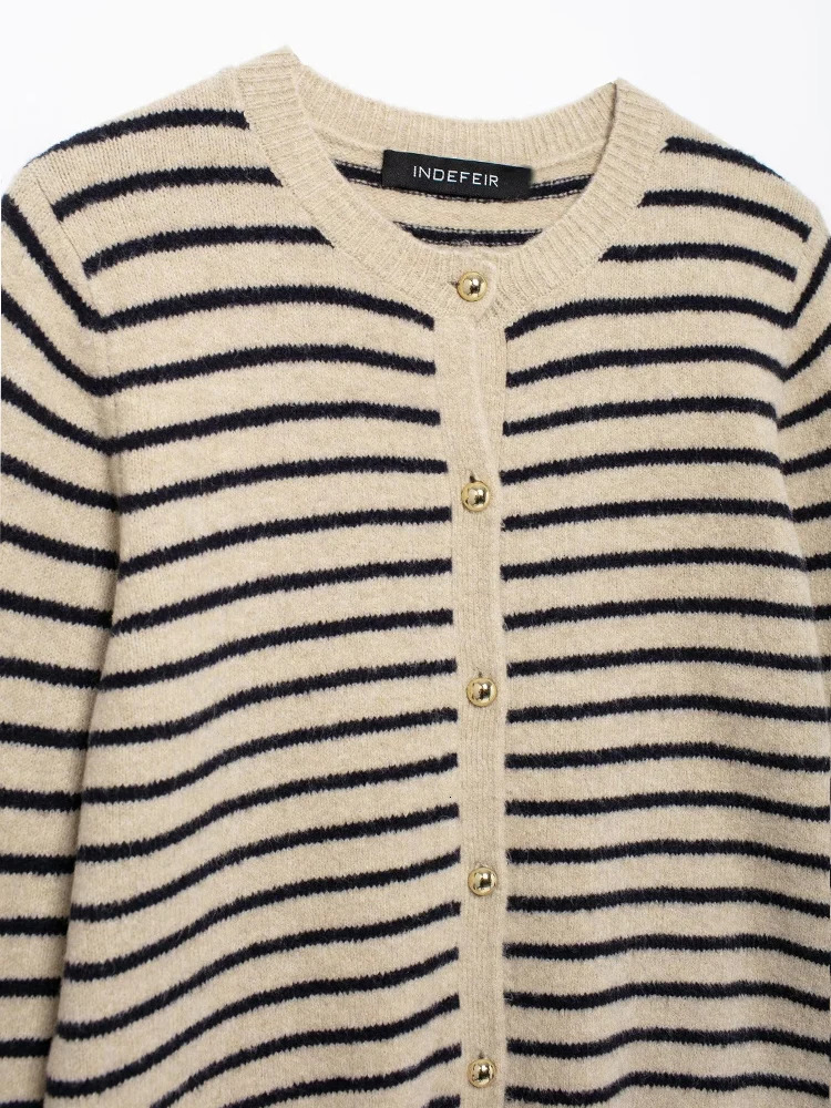 European and American style autumn womens clothing simple round neck long sleeve striped fine knitted cardigan sweater jack 251028