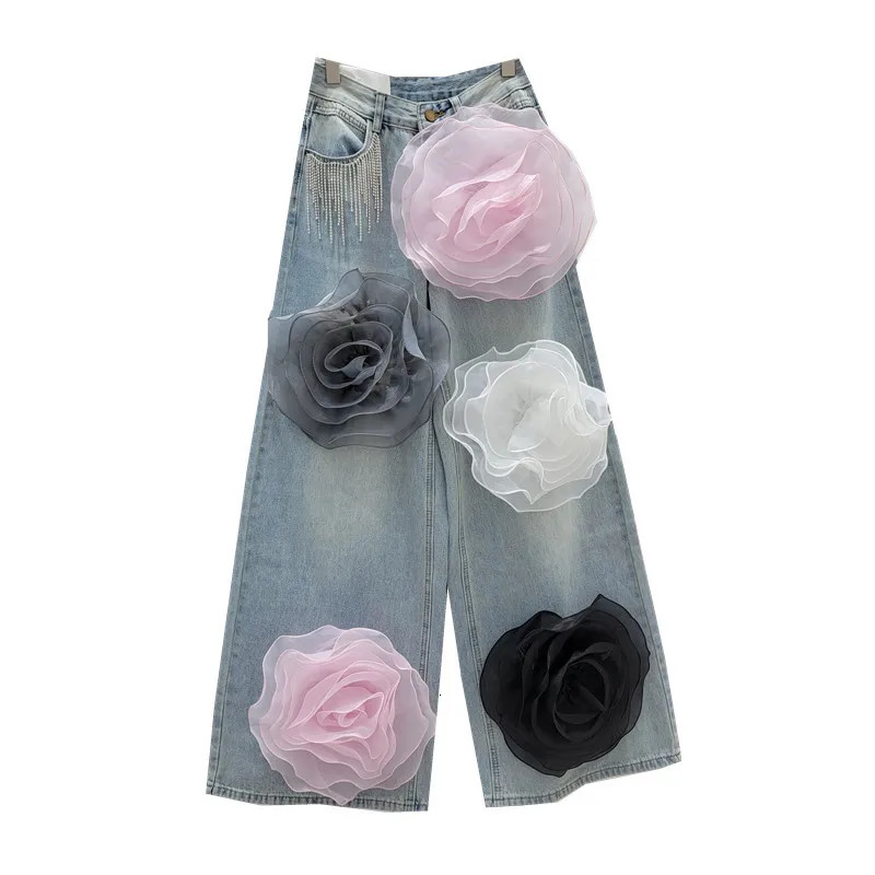 YEAE Womens Jeans High Waist Flower Diamond Tassel Straight Wide Leg Jeans Summer Fashion 251029