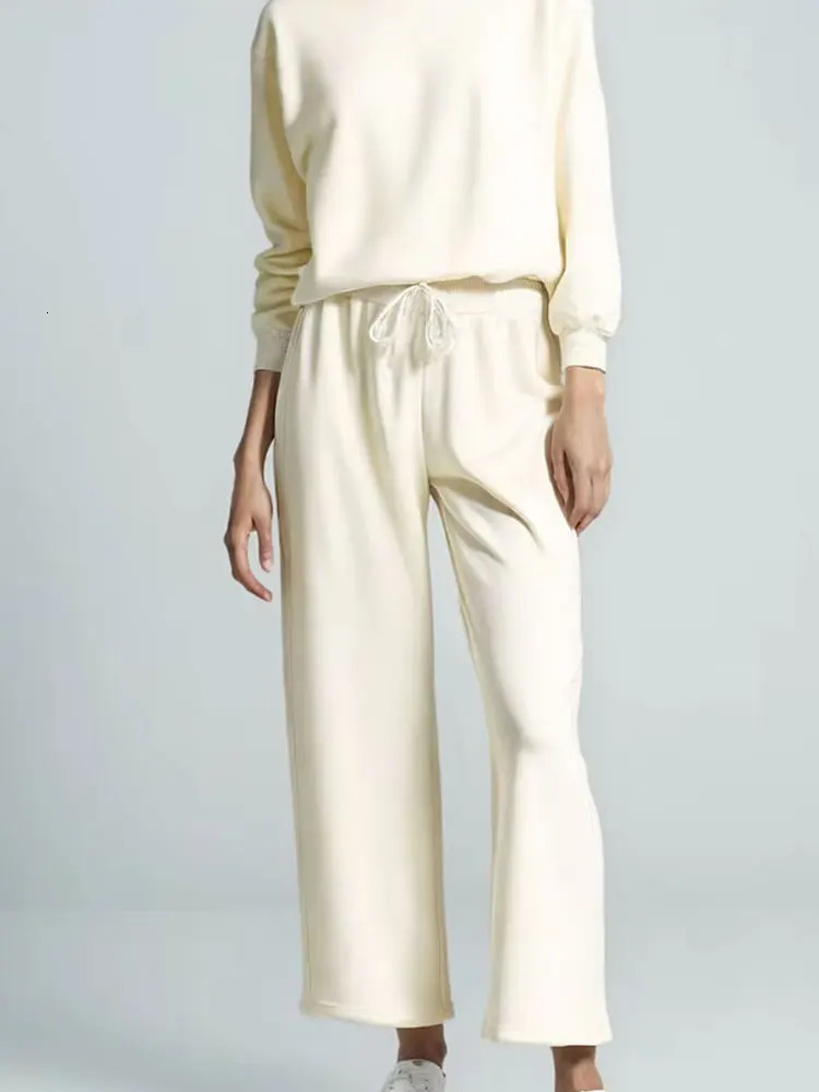 HH Trendy Solid Sweatshirt Set For Women Long Sleeves Causal Hooded SweatshirtDrawstring High Waist Straight Pants 251029