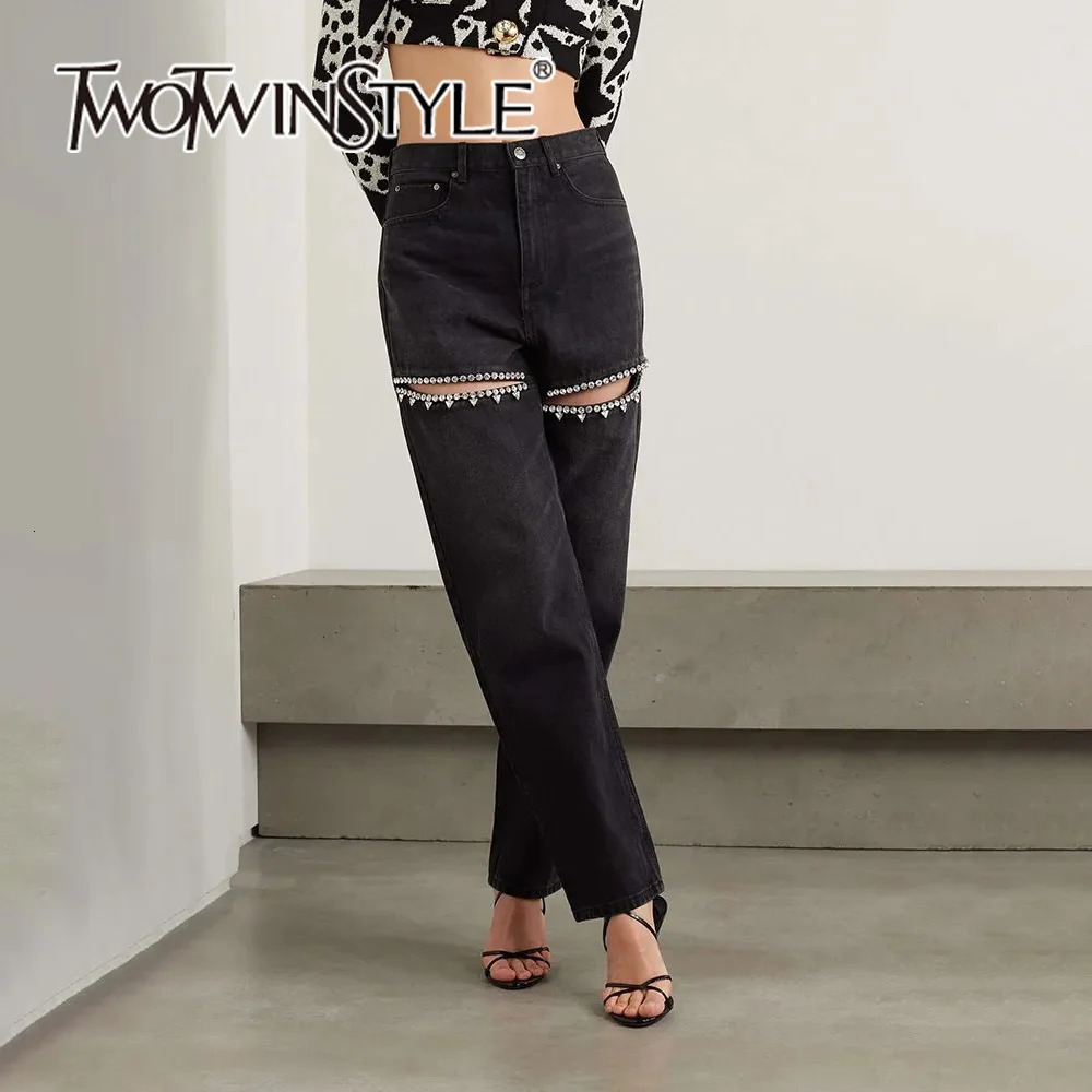 TWOTWINSTYLE Solid Patchwork Diamonds Denim Pants For Women High Waist Hollow Out Wide Leg Jeans Female Fashion 251029