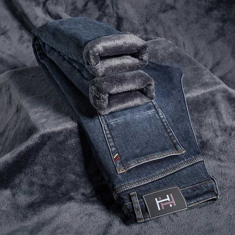 Winter Thickened Warm Male Plush Trousers Brand Clothes Mens Fleece Jeans Straight Slim Stretch Fashion Business Denim Pants J251030