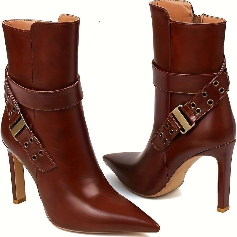 Ankle Boots For Women Pointed Toe High Heel Block Mid Calf Side Zipper Short Booties With Buckle Strap
