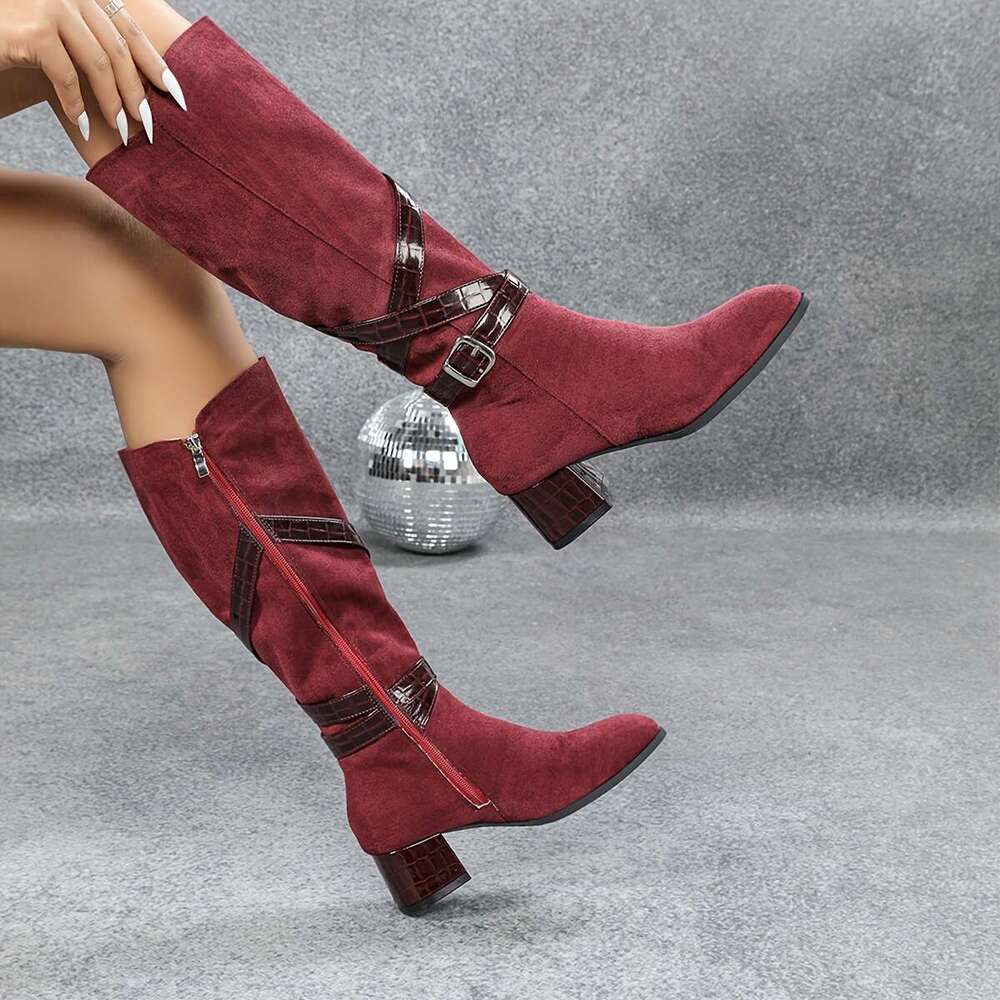 Elegant Bury Knee-High With Chunky Heel, Side Zipper, And Buckle Straps - Women's Round Toe Winter Knight Boots, High Heel Boots