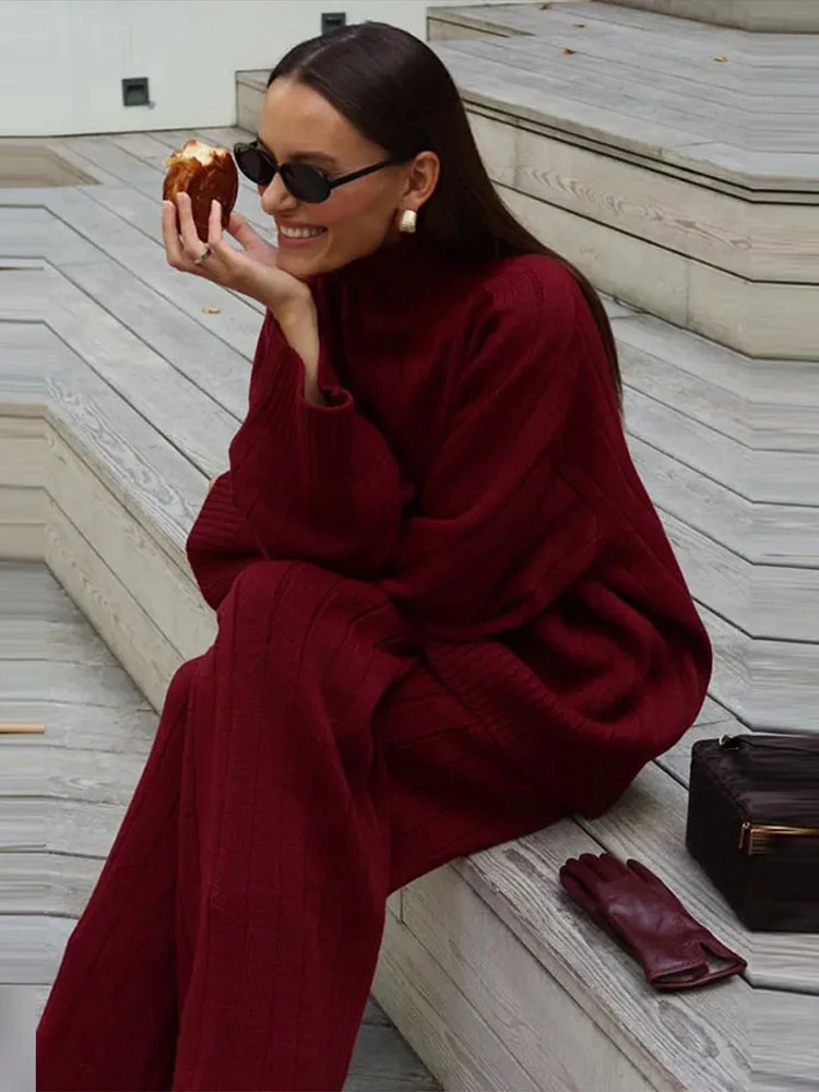 Casual Loose Women Knitted Pant Suits Full Sleeve TurtleNeck Solid Sweater Lady Set Autumn Winter 2 Pieces Set Female 251028