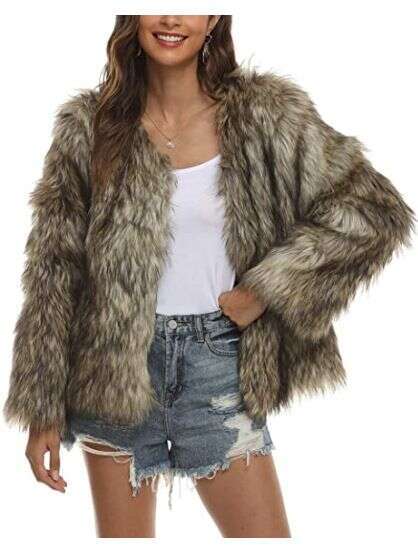 Women's Large Size Artificial Cardigan Fluffy Plush Long-Sleeved Jacket Fur Short Coat