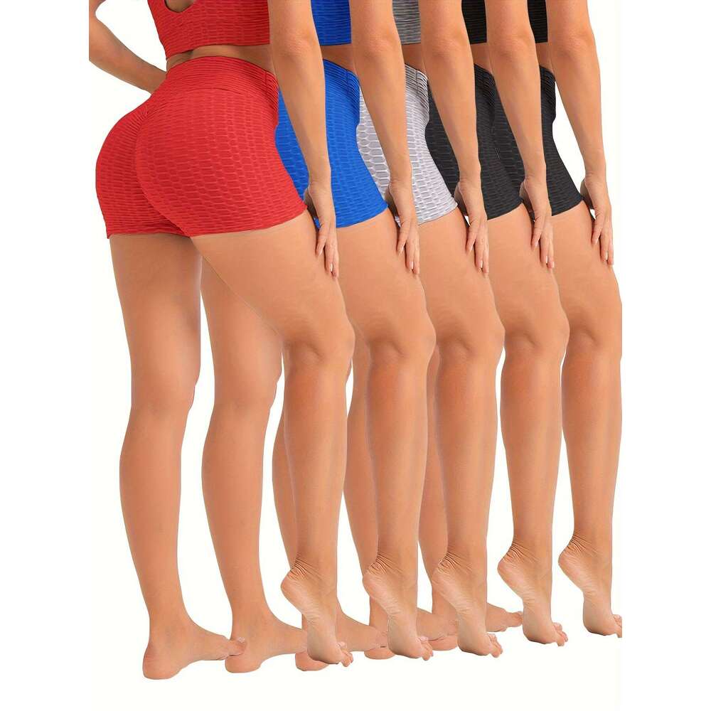 5-Pack High Waist Textured Peach Lift Yoga Shorts, Stretchy Gym Bubble Workout Shorts for Women, Quick-Dry Fiess Sports Activewear, Assorted Colors