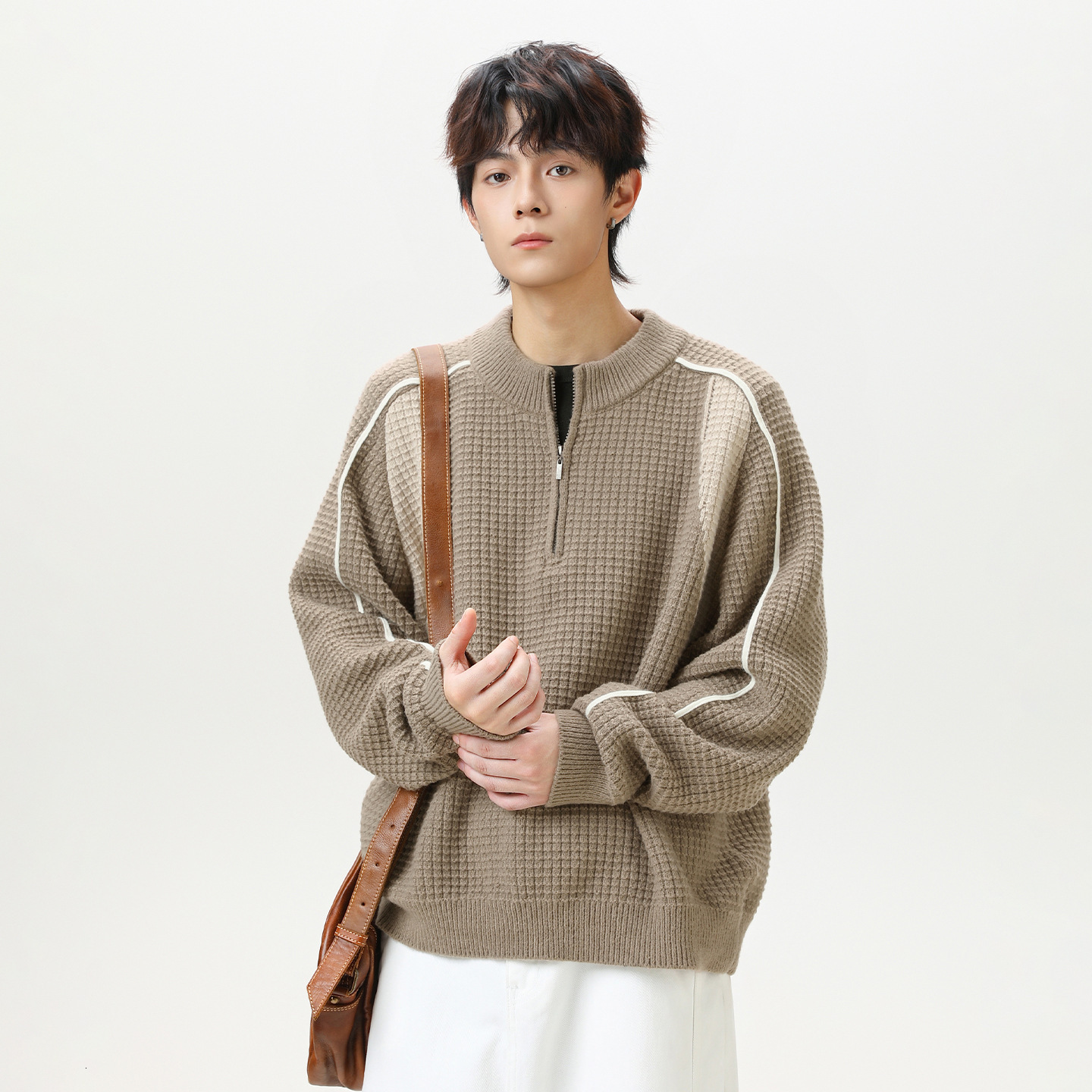 Color Block Patchwork Warm Thickened Mid-neck Sweater For Men Designer Sweater Autumn And Winter Style Imitation Deer Fur Half-zip Textured Knitwear J
