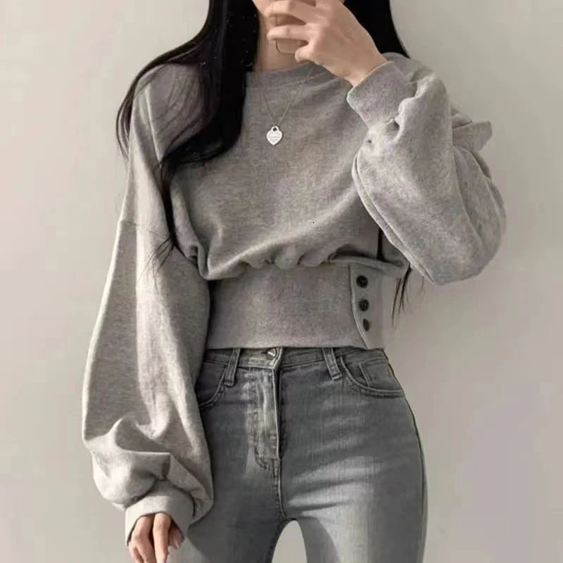 Autumn Women Solid ONeck Slim Crop Top Lantern Sleeve With Button Sweat Casual HipHop Sporty Pullover Sweet Chic Street Wear 251030