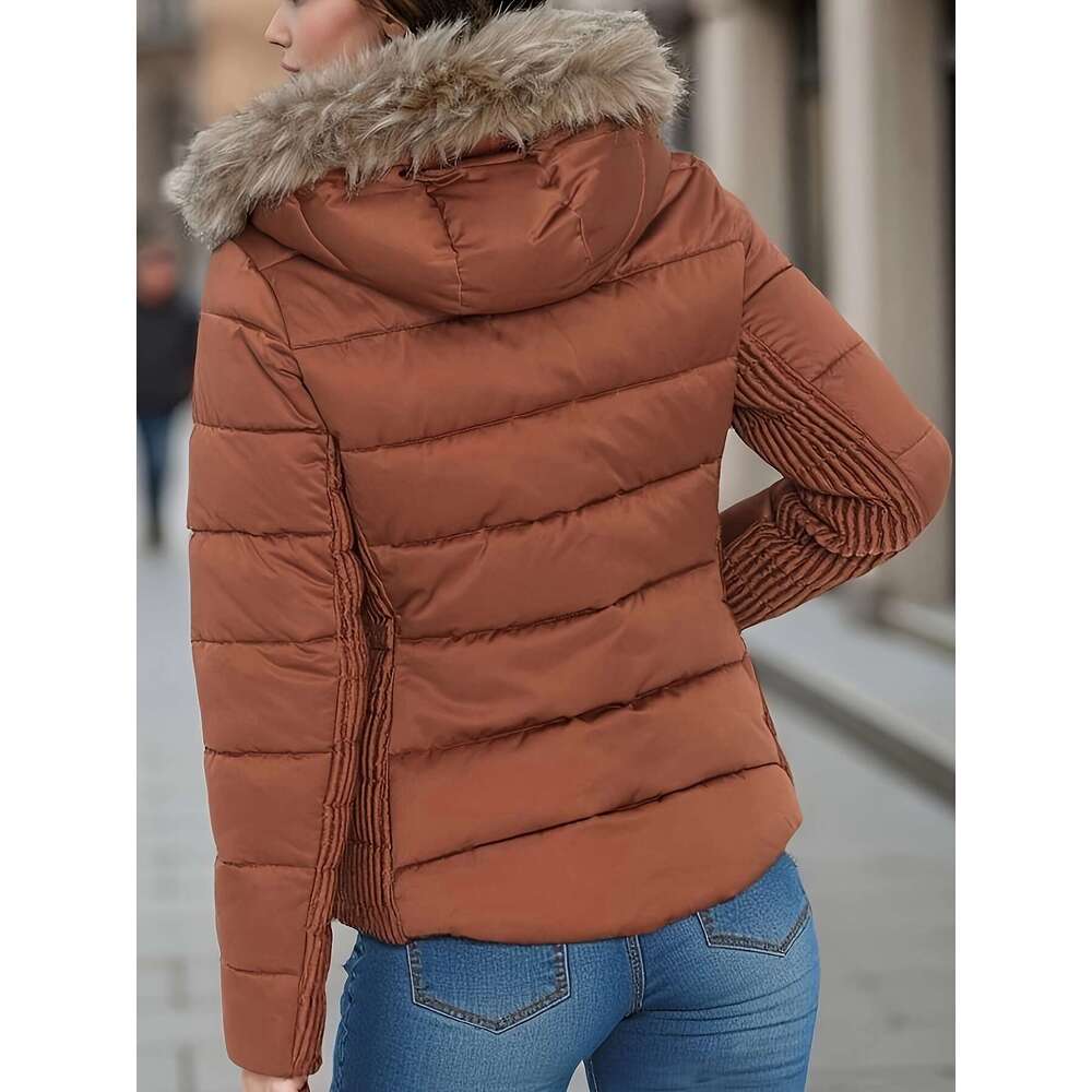 Women S Lightweight Quilted Hooded Jacket With Detachable Faux Fur Hood Golden Metal Zipper Side Gathers Hine Washable Regular Fit Coat For Fall Winte