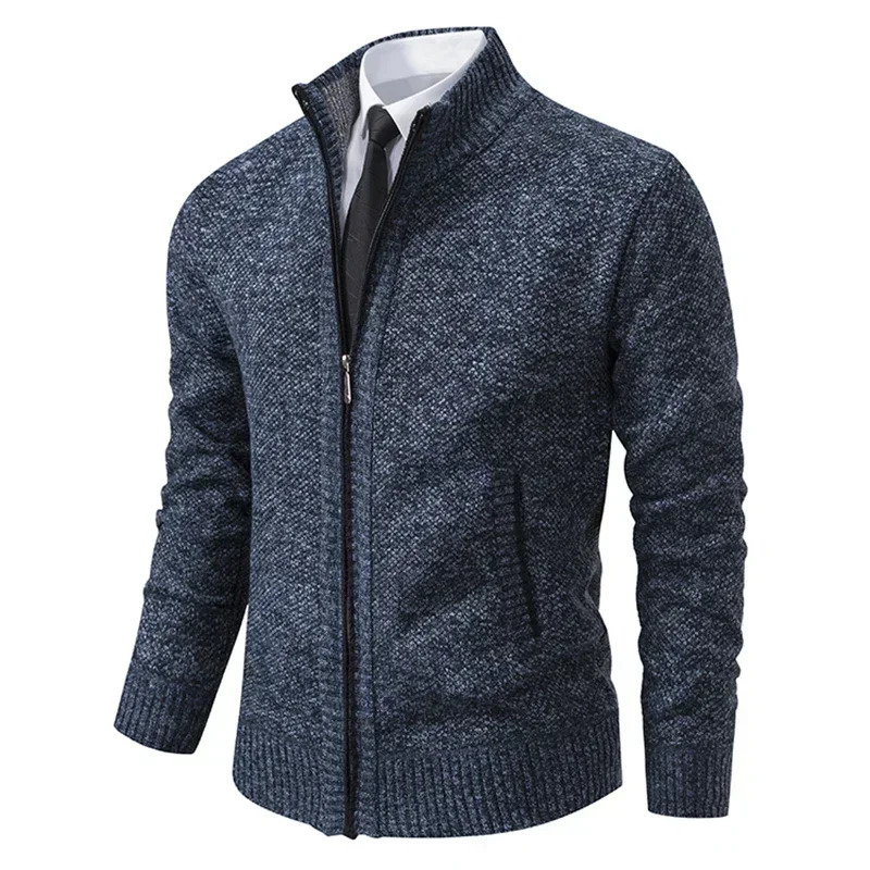 2025 Autumn and Winter Mens Casual Sports Coat Solid Color Stand Collar Sweater Grab Fleece Warm Zipper Cardigan 251029