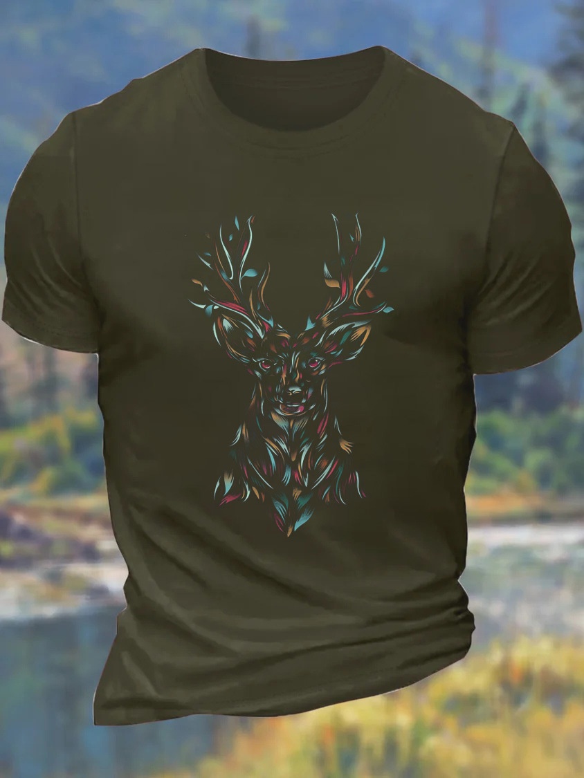 European and American Oversized Men's Deer Animal Print Crew Neck Casual Cotton T-Shirt - TT7466